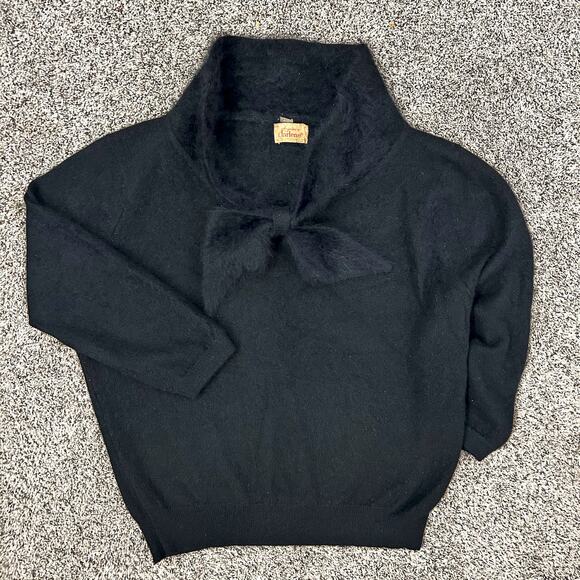 Vintage 50s French Angora Hepburn Bow Collar Black Sweater M L Feminine USA - Picture 4 of 10